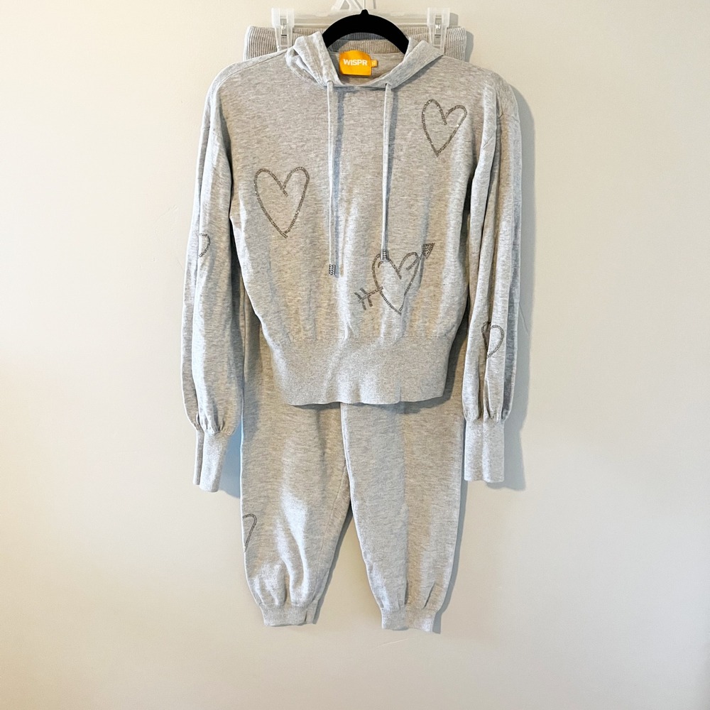 WISPR Women's Grey Heart Rhinestone Hoodie & Jogger Sweatpants Set XS